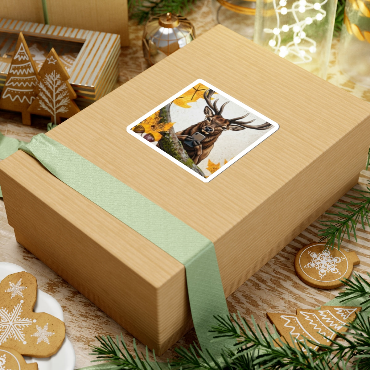 Deer Selfie Kiss-Cut Sticker — Fall Woodland Wildlife Laptop Decal