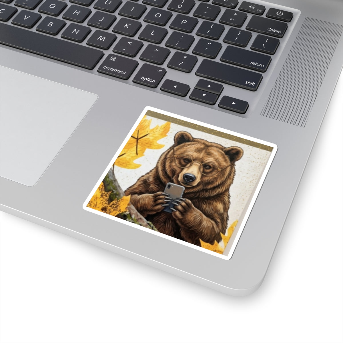 Bear Selfie Sticker — Cute Autumn Bear Using Phone Kiss-Cut Sticker
