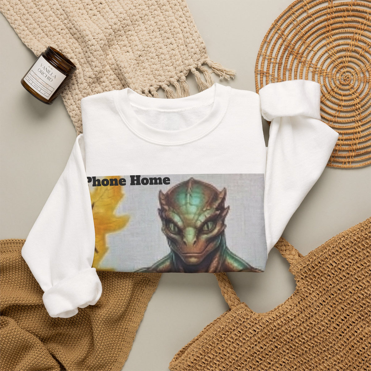 Alien Selfie Crewneck Sweatshirt — "Phone Home" Graphic