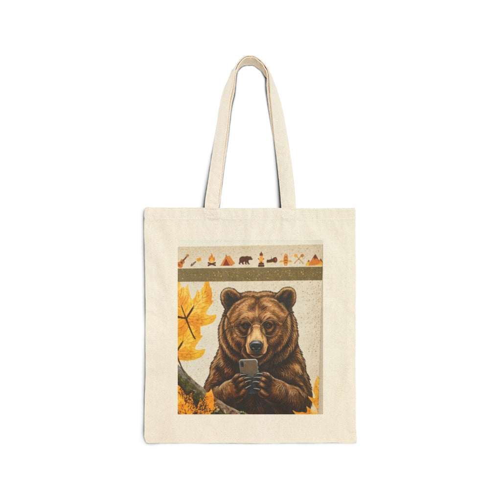 Bear Selfie Tote Bag – Rustic Autumn Canvas Market Tote