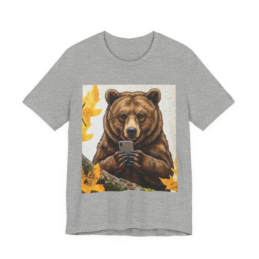 Bear Looking at Phone Graphic Tee — Funny Nature Animal T-Shirt