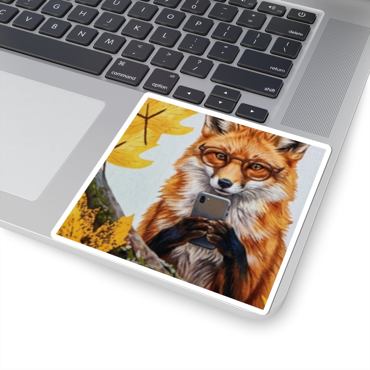 Fox With Phone Sticker — Cute Autumn Fox Kiss-Cut Vinyl Sticker