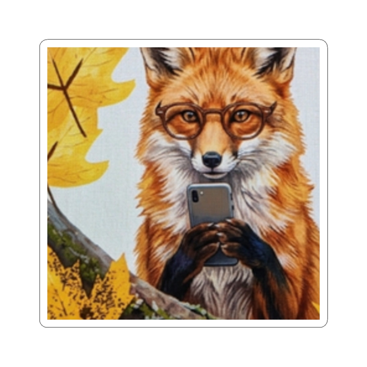 Fox With Phone Sticker — Cute Autumn Fox Kiss-Cut Vinyl Sticker