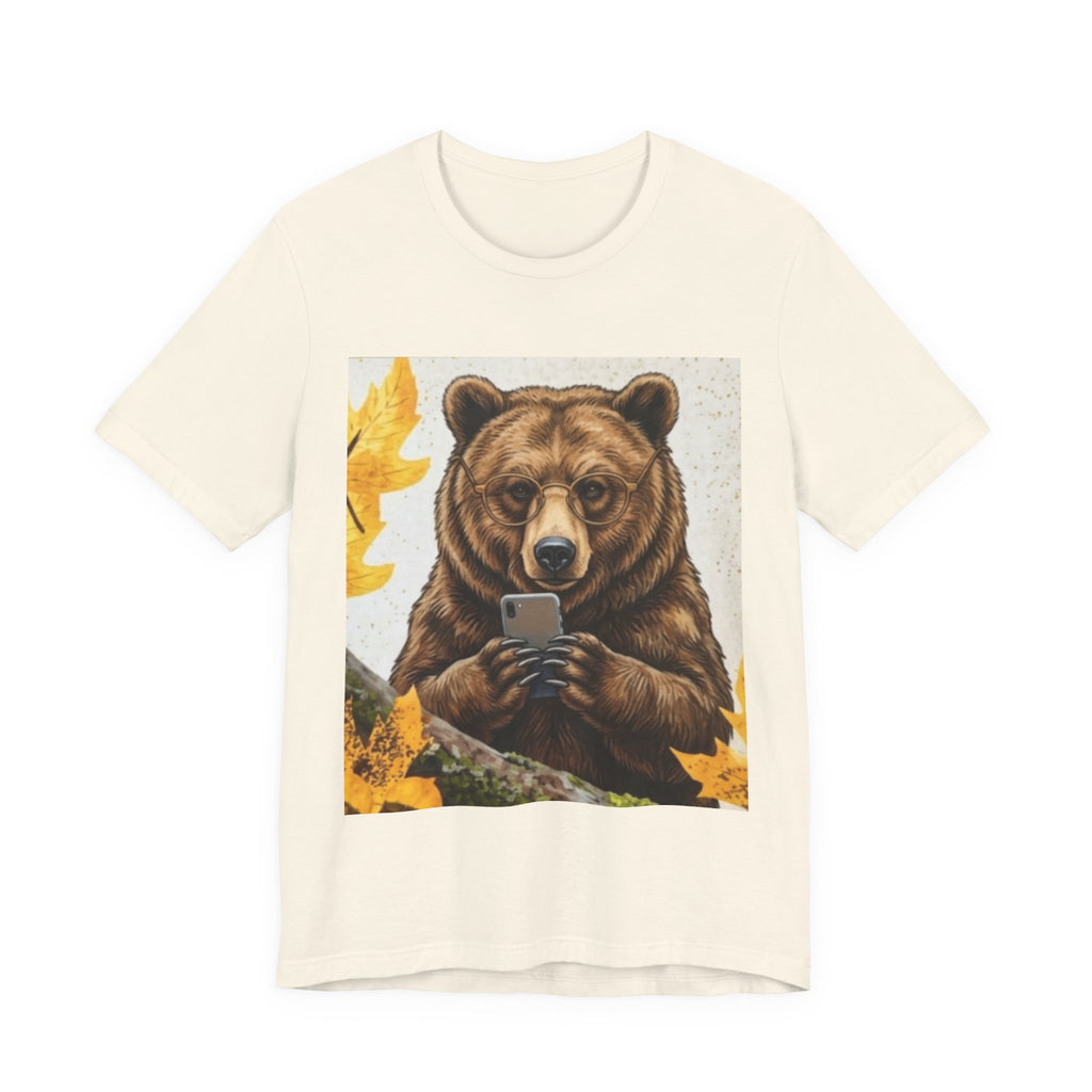 Bear Looking at Phone Graphic Tee — Funny Nature Animal T-Shirt