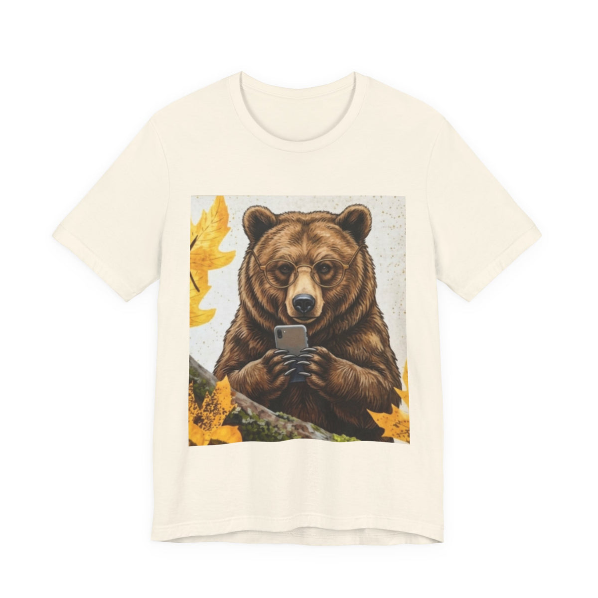 Bear Looking at Phone Graphic Tee — Funny Nature Animal T-Shirt