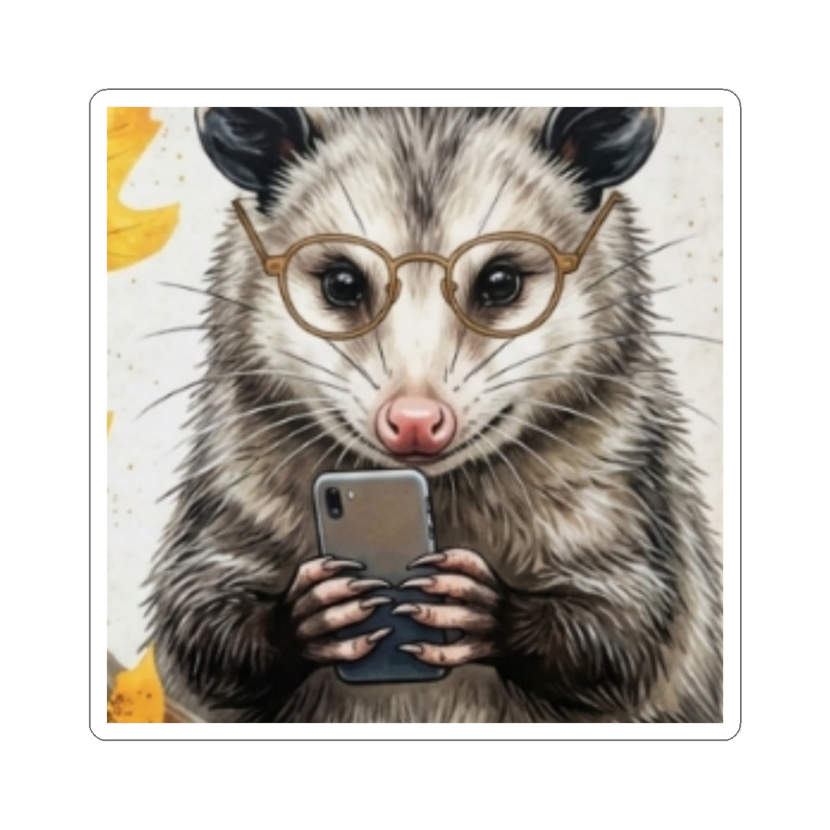 Opossum Selfie Sticker — Cute Possum with Glasses Phone Decal (Kiss-Cut)