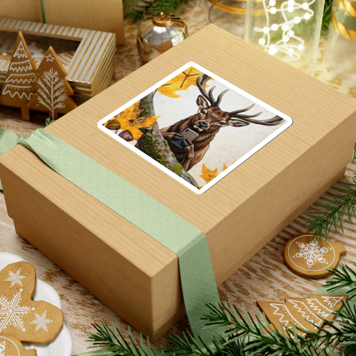 Deer Selfie Kiss-Cut Sticker — Fall Woodland Wildlife Laptop Decal
