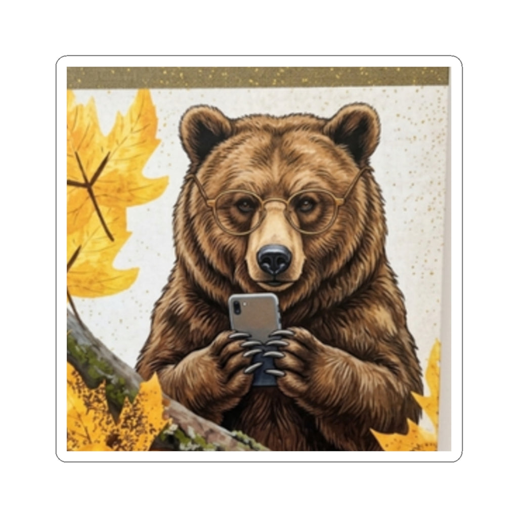 Bear Selfie Sticker — Cute Autumn Bear Using Phone Kiss-Cut Sticker