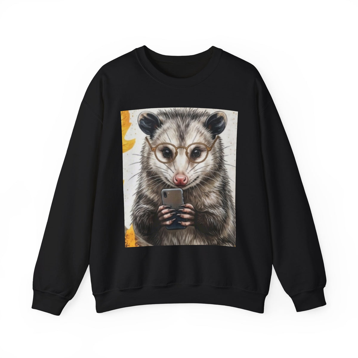 Possum Portrait Sweatshirt – Cute Opossum with Glasses & Phone Crewneck
