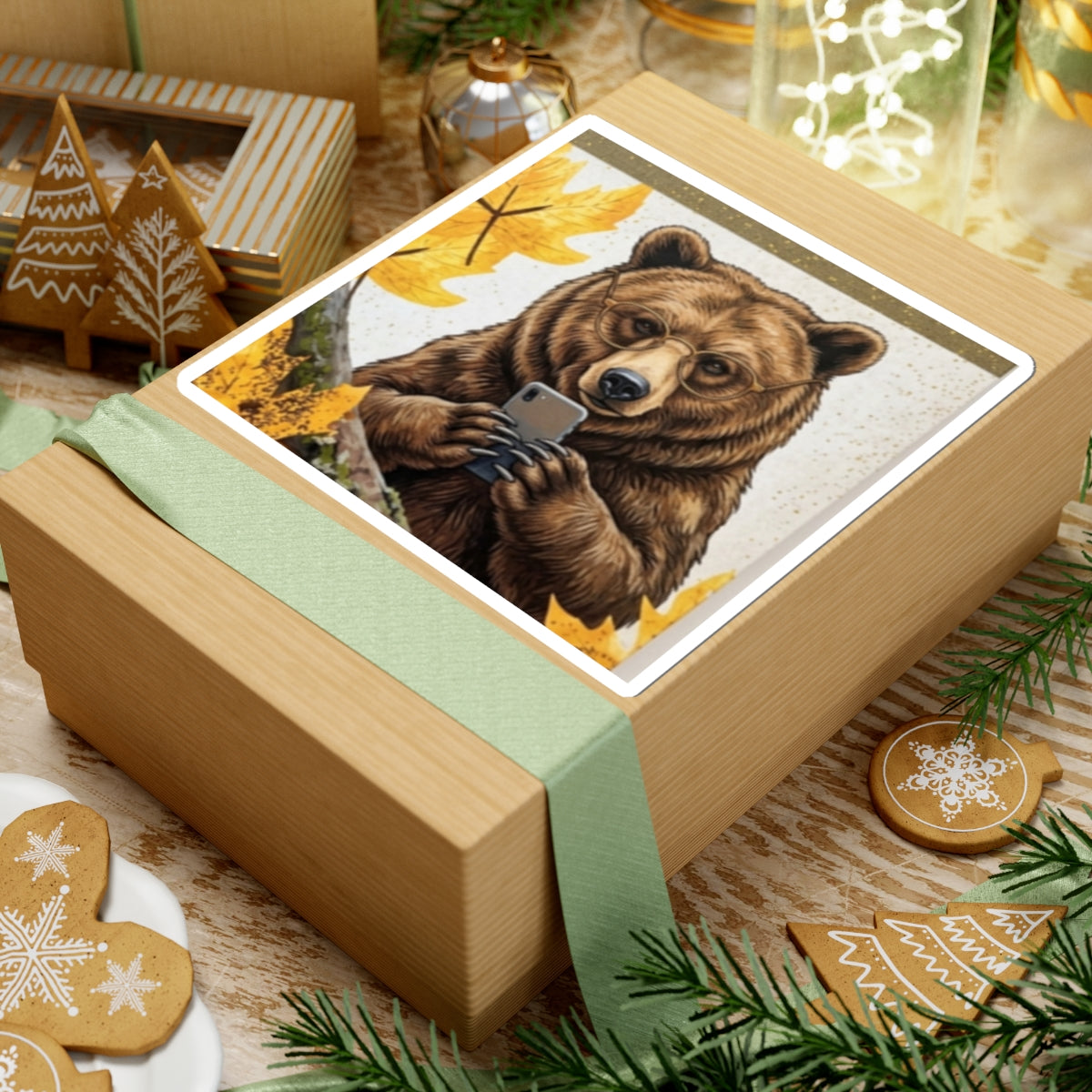 Bear Selfie Sticker — Cute Autumn Bear Using Phone Kiss-Cut Sticker