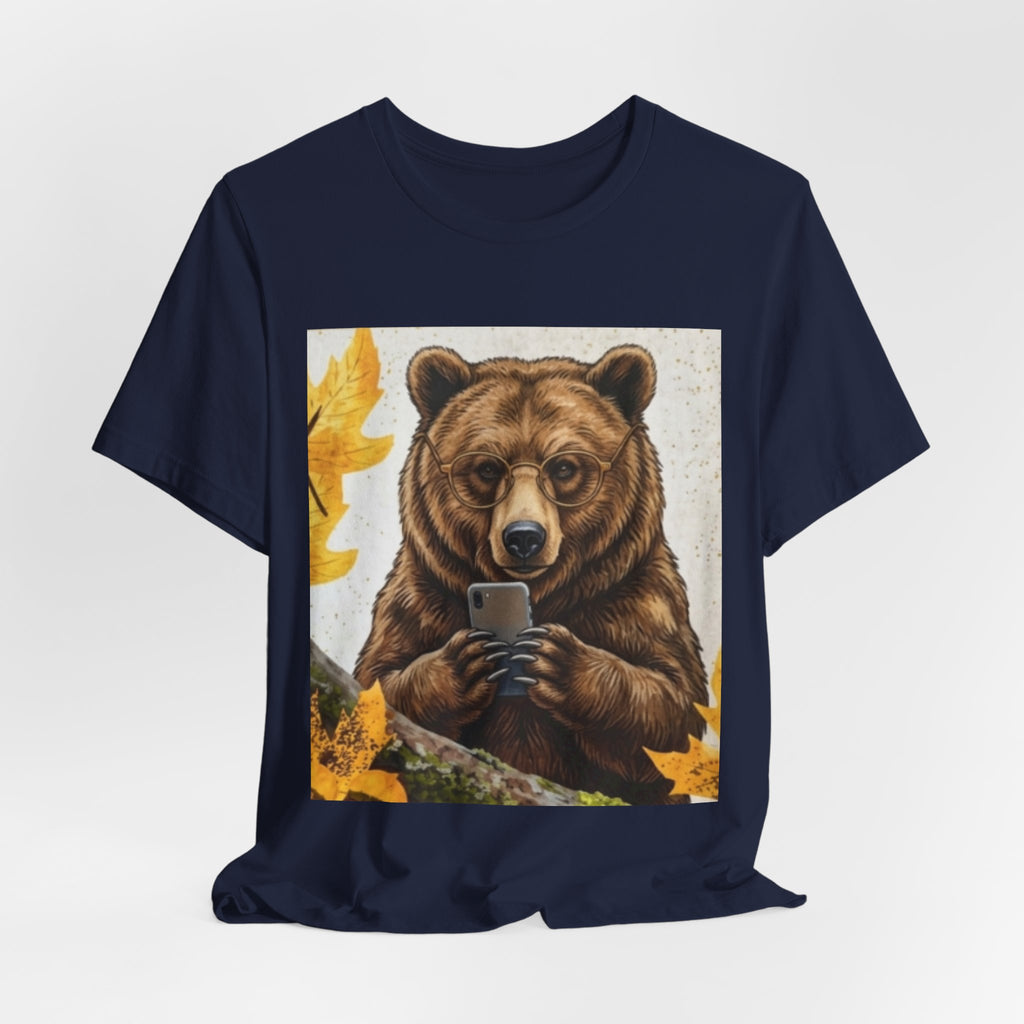 Bear Looking at Phone Graphic Tee — Funny Nature Animal T-Shirt