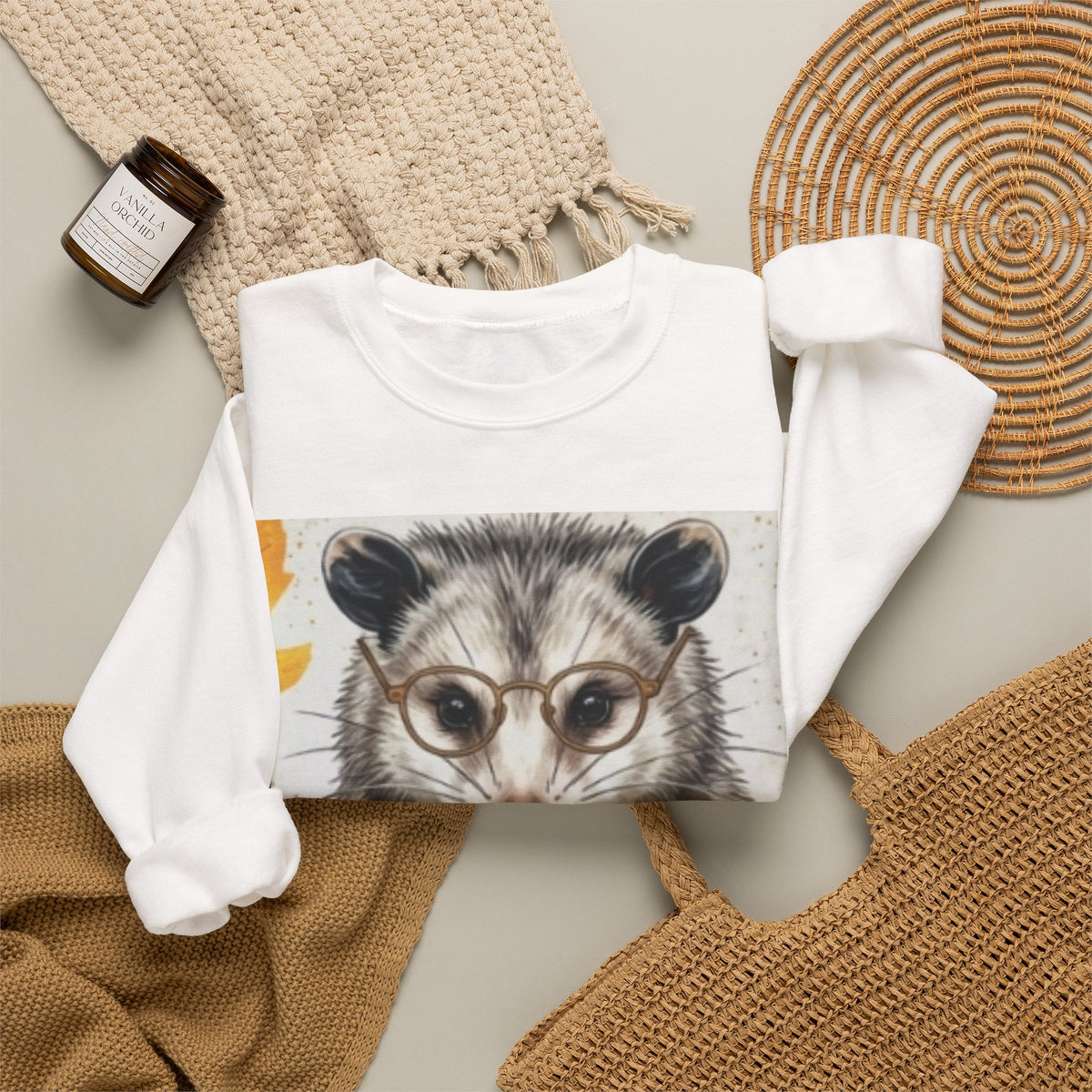 Possum Portrait Sweatshirt – Cute Opossum with Glasses & Phone Crewneck