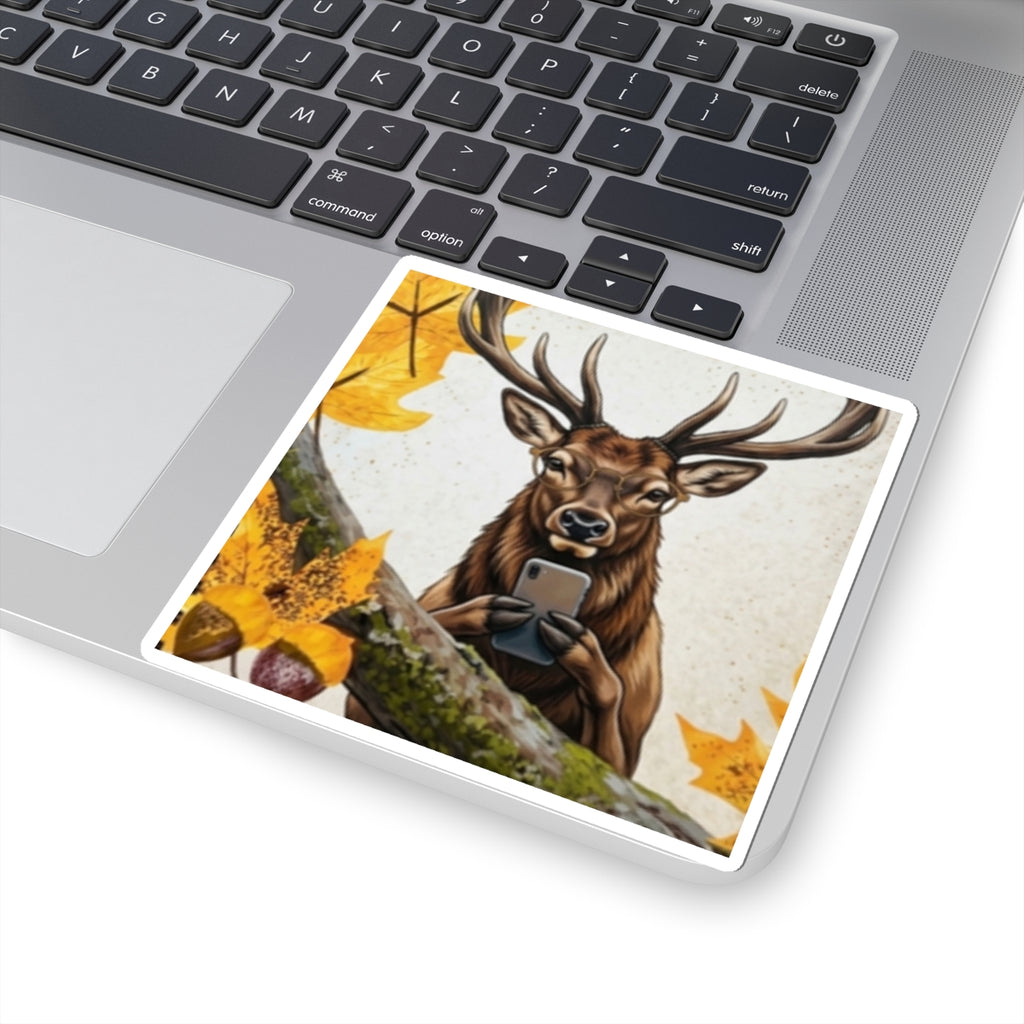Deer Selfie Kiss-Cut Sticker — Fall Woodland Wildlife Laptop Decal