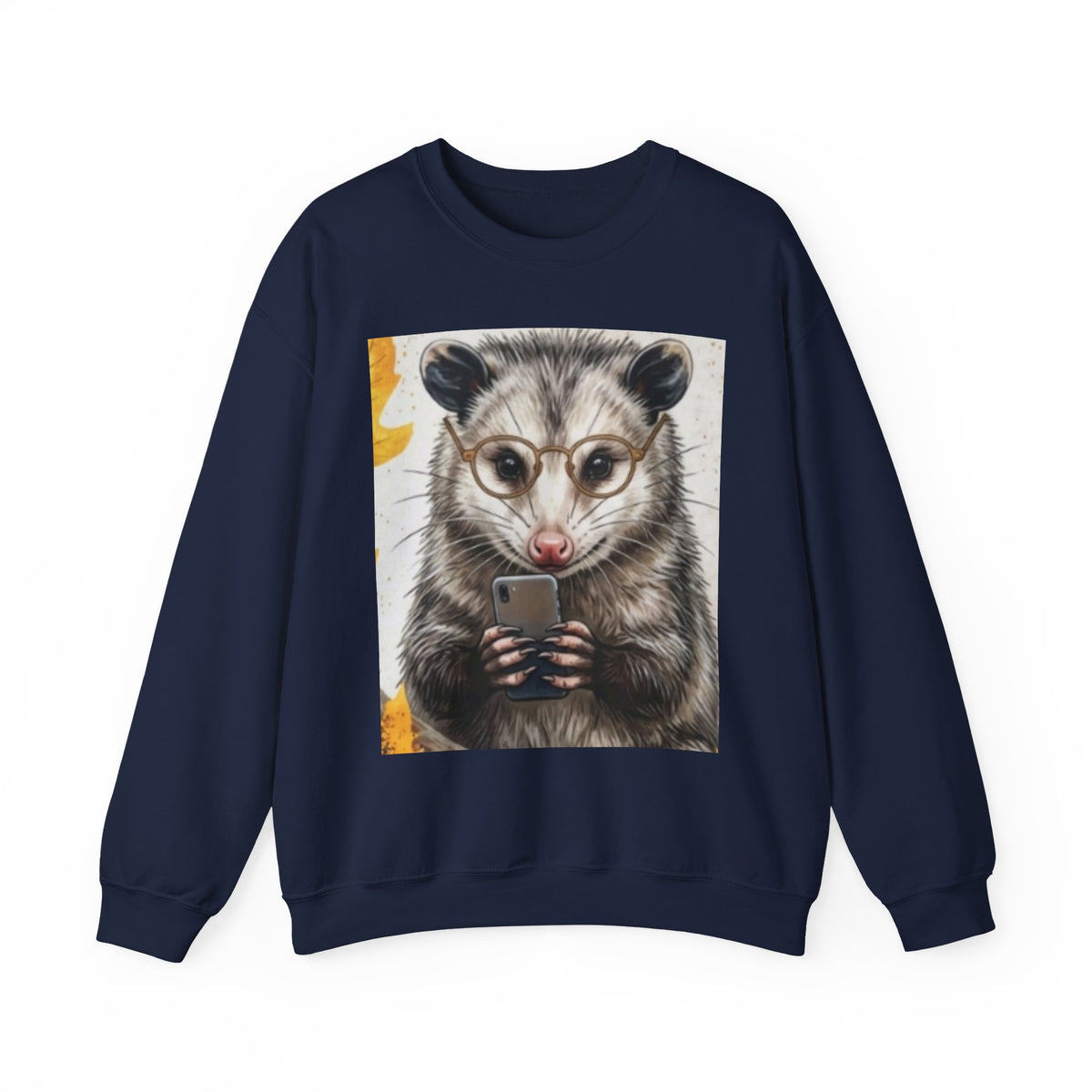 Possum Portrait Sweatshirt – Cute Opossum with Glasses & Phone Crewneck