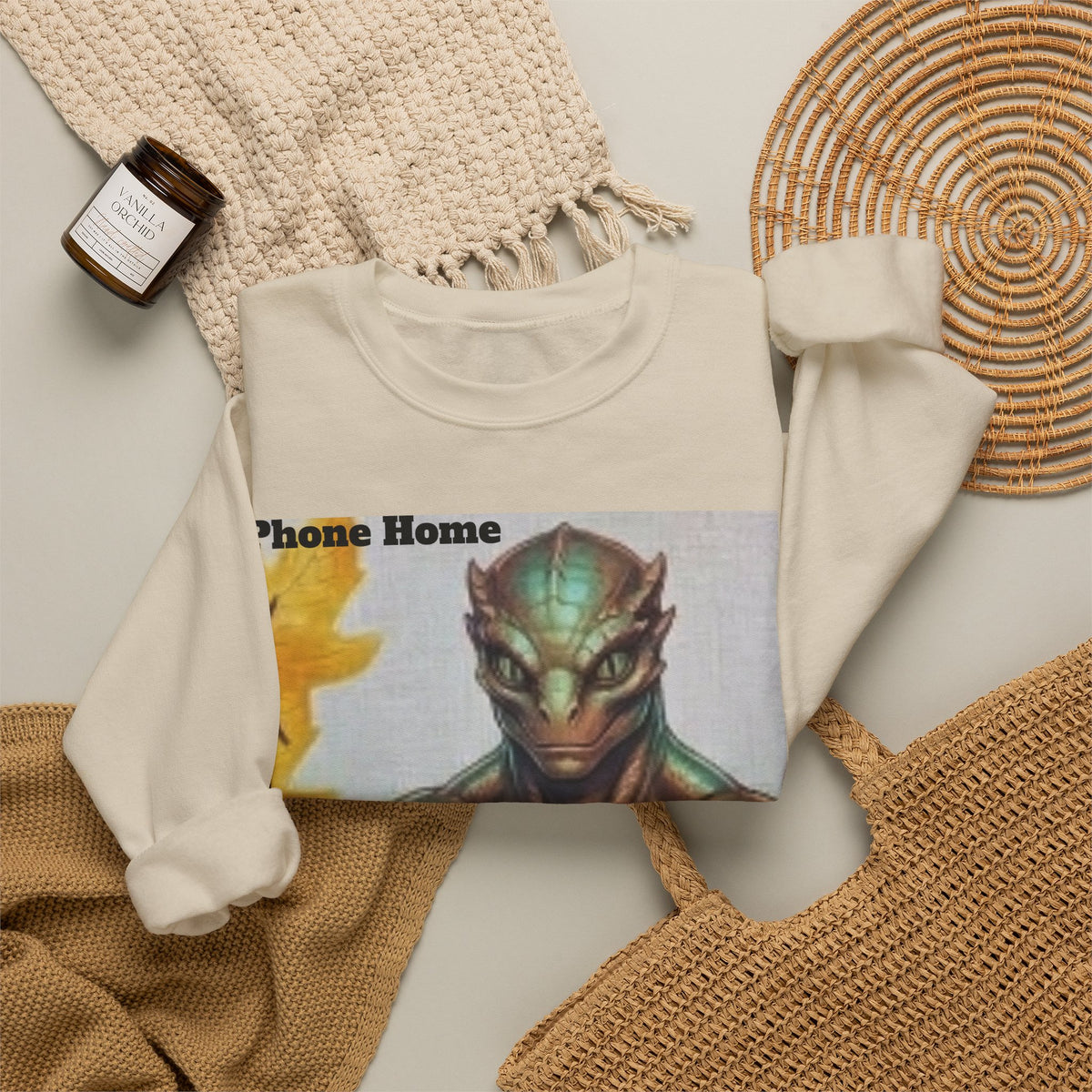 Alien Selfie Crewneck Sweatshirt — "Phone Home" Graphic