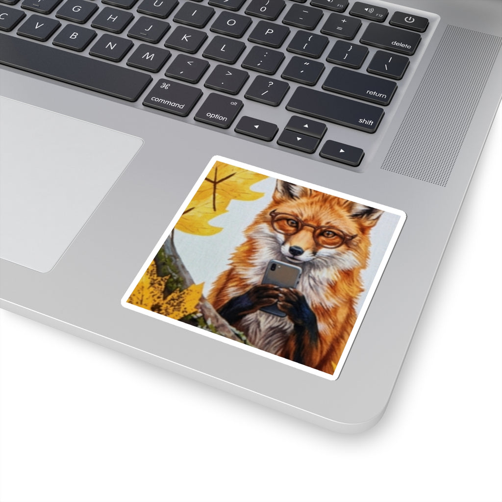 Fox With Phone Sticker — Cute Autumn Fox Kiss-Cut Vinyl Sticker