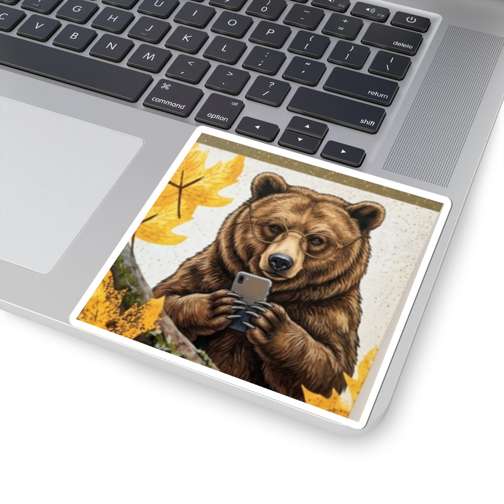 Bear Selfie Sticker — Cute Autumn Bear Using Phone Kiss-Cut Sticker