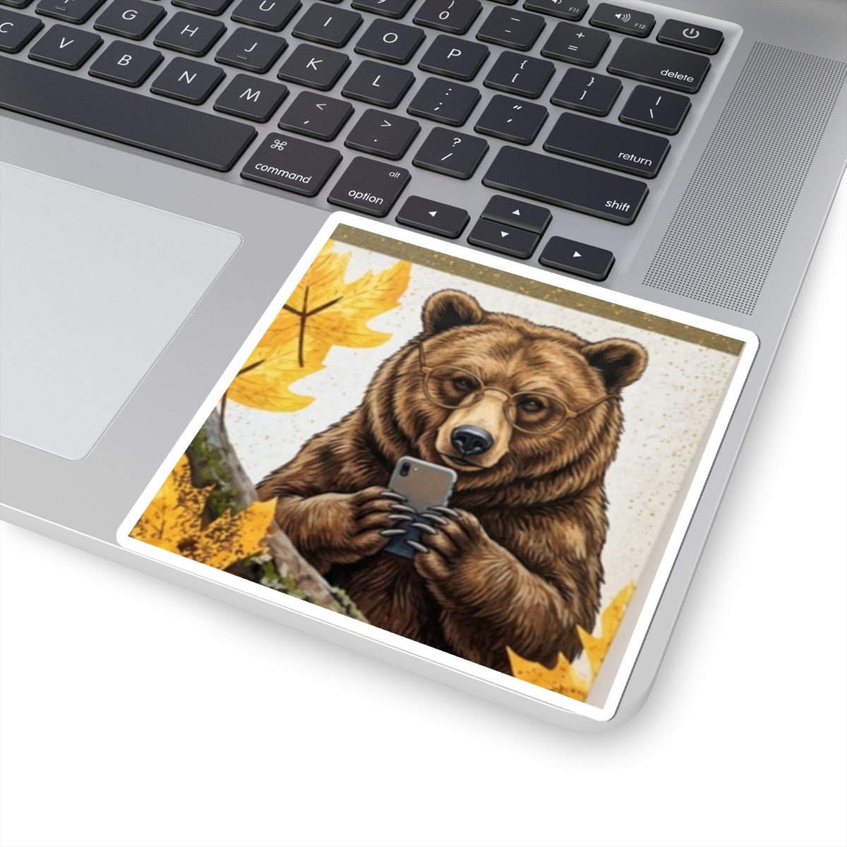 Bear Selfie Sticker — Cute Autumn Bear Using Phone Kiss-Cut Sticker