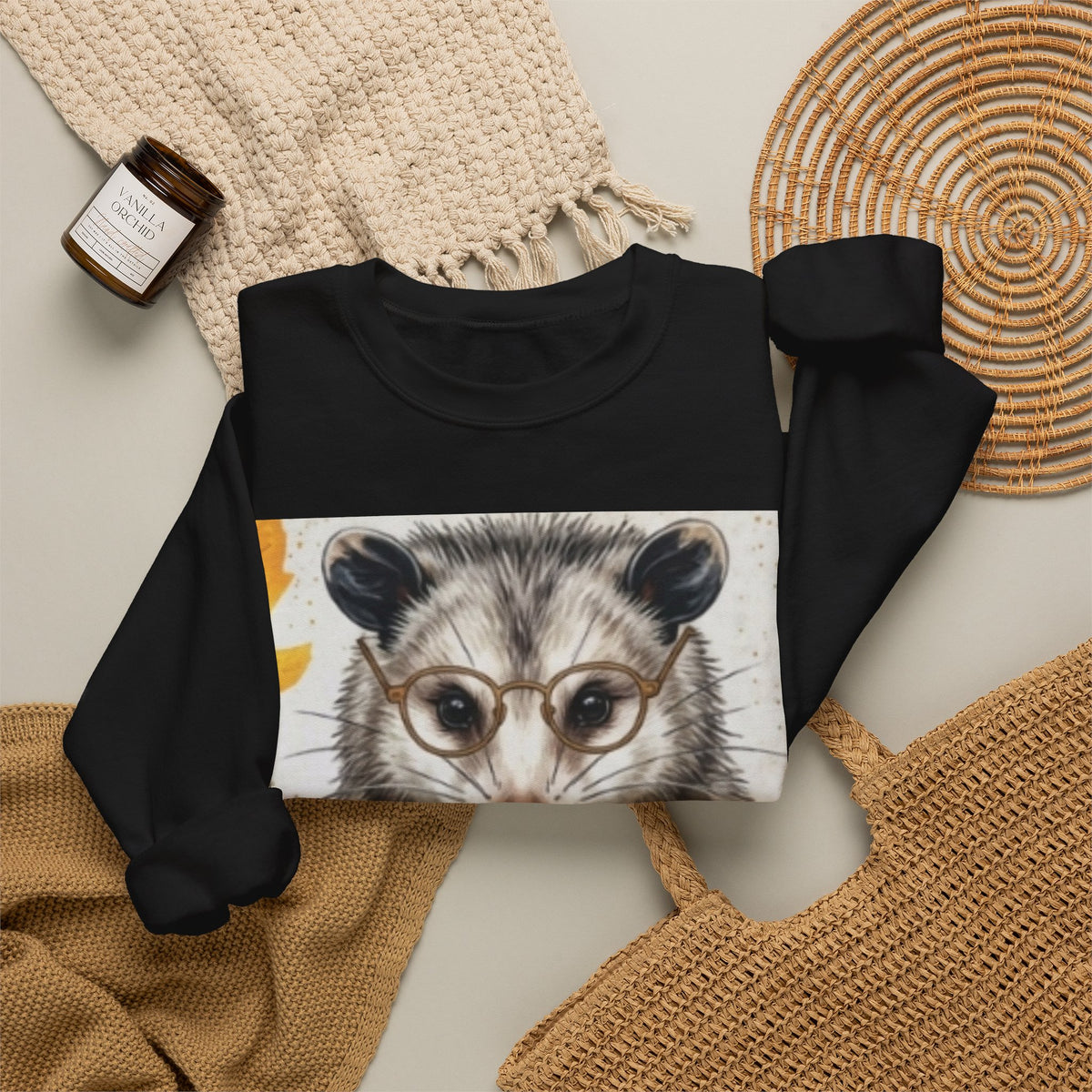 Possum Portrait Sweatshirt – Cute Opossum with Glasses & Phone Crewneck