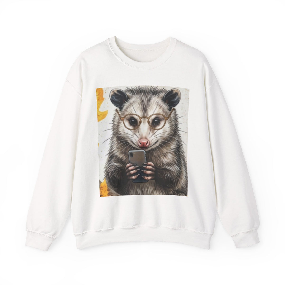 Possum Portrait Sweatshirt – Cute Opossum with Glasses & Phone Crewneck