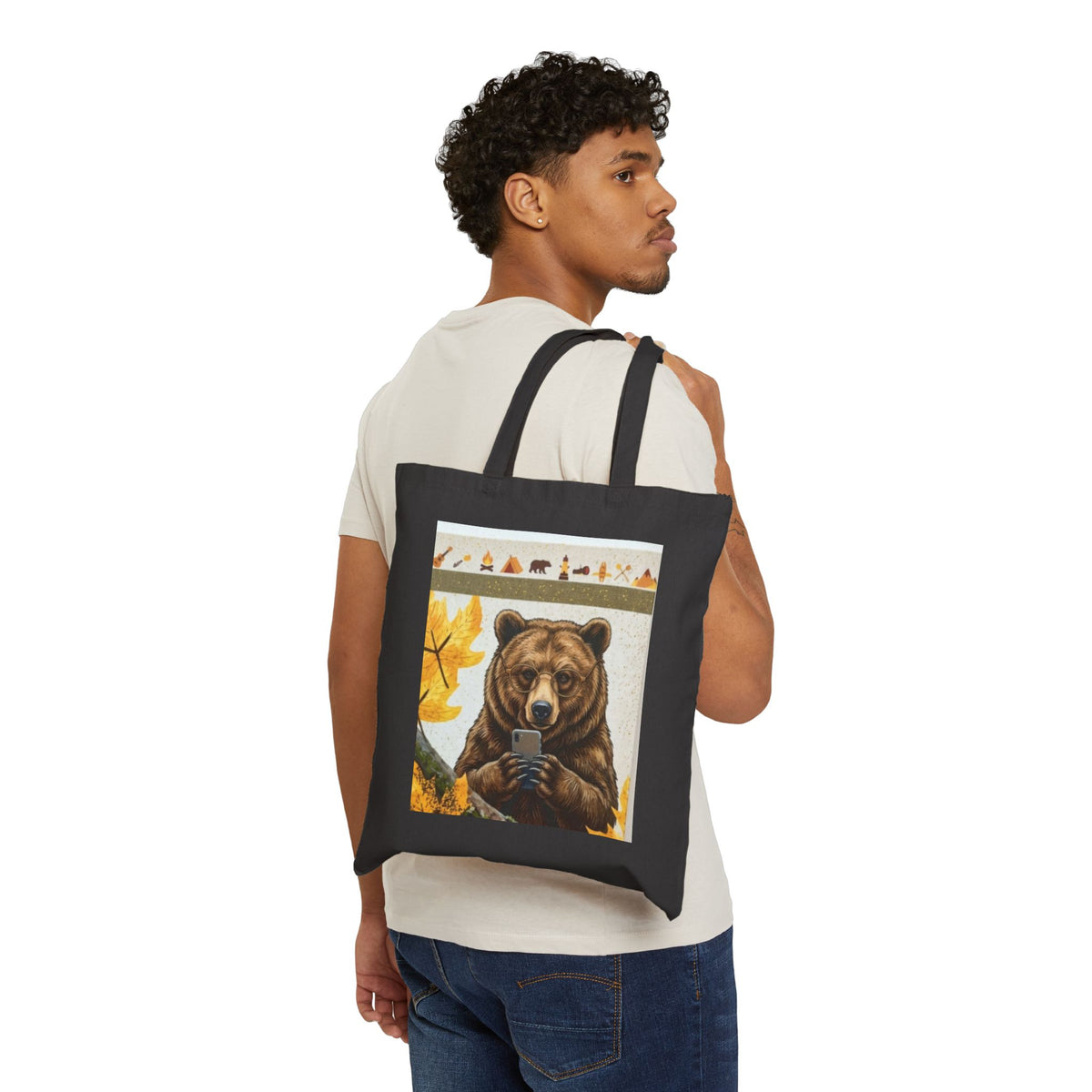 Bear Selfie Tote Bag – Rustic Autumn Canvas Market Tote