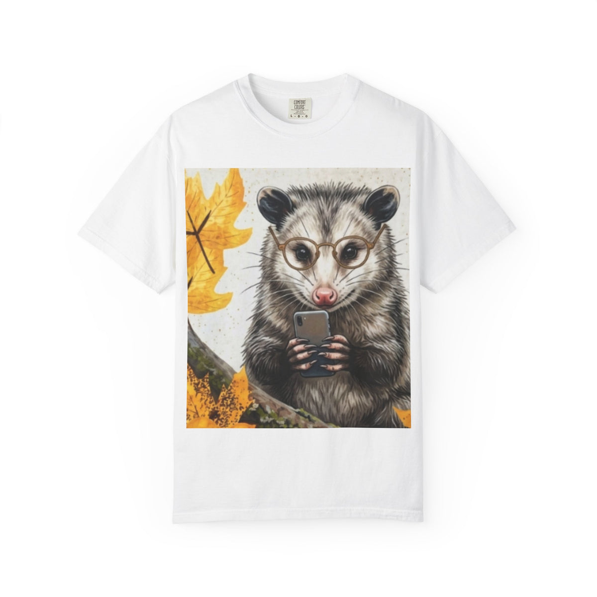 Autumn Opossum Tee — Cute Possum Holding Phone Graphic T-Shirt