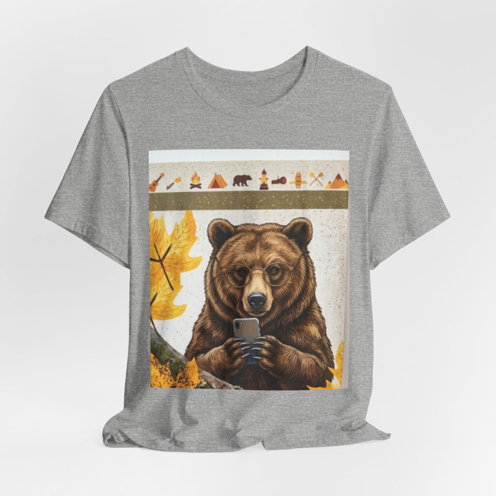 Bear Texting Graphic Tee - Funny Fall Woodland Phone Bear T-Shirt