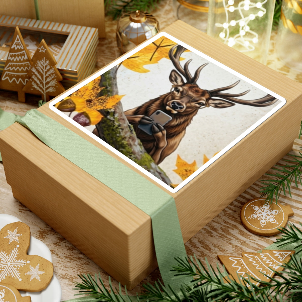 Deer Selfie Kiss-Cut Sticker — Fall Woodland Wildlife Laptop Decal