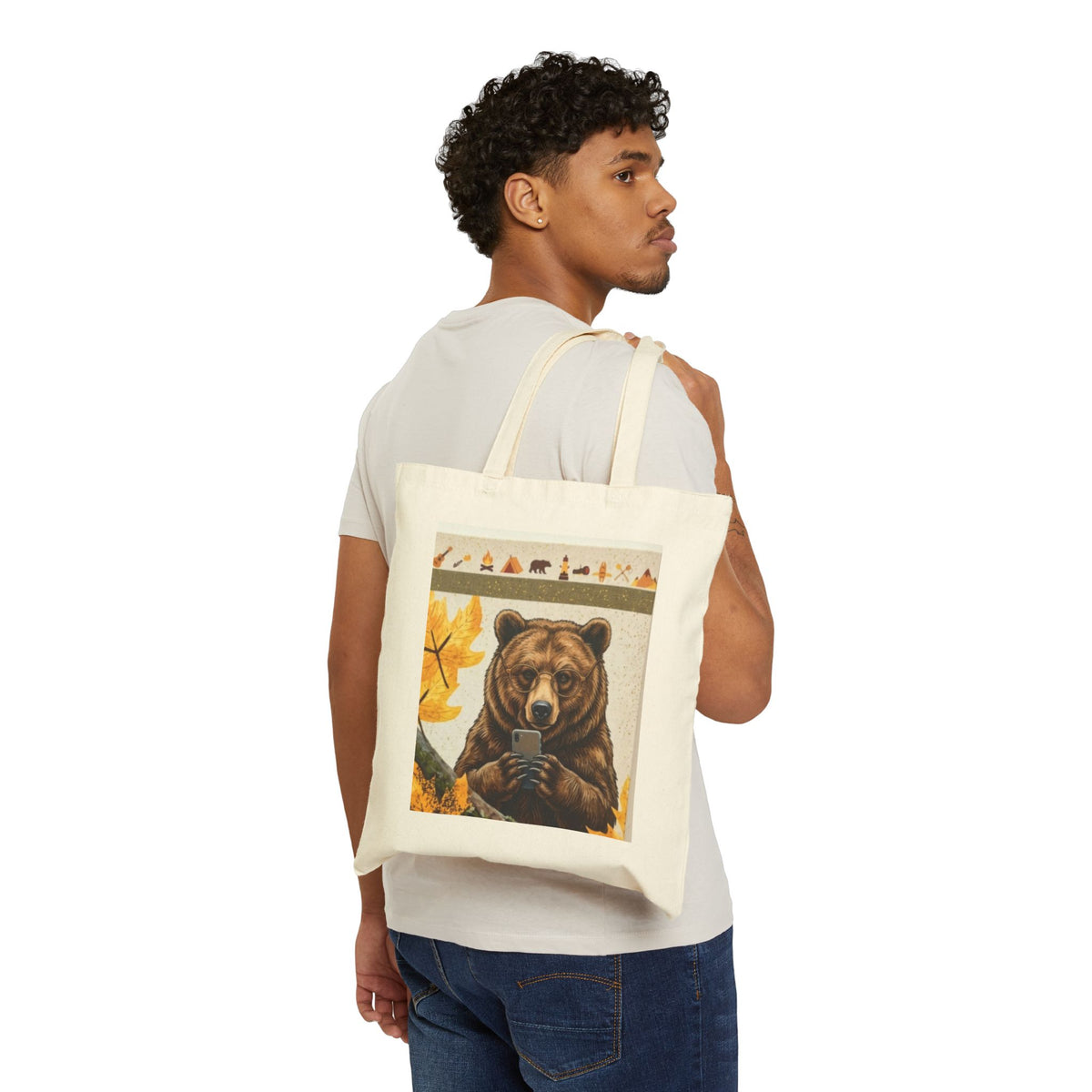 Bear Selfie Tote Bag – Rustic Autumn Canvas Market Tote