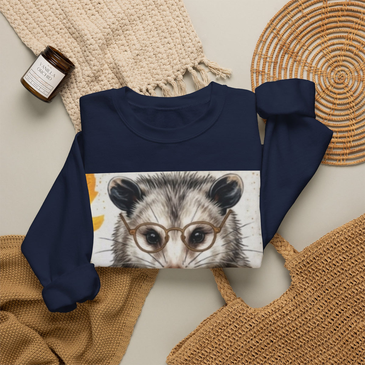 Possum Portrait Sweatshirt – Cute Opossum with Glasses & Phone Crewneck