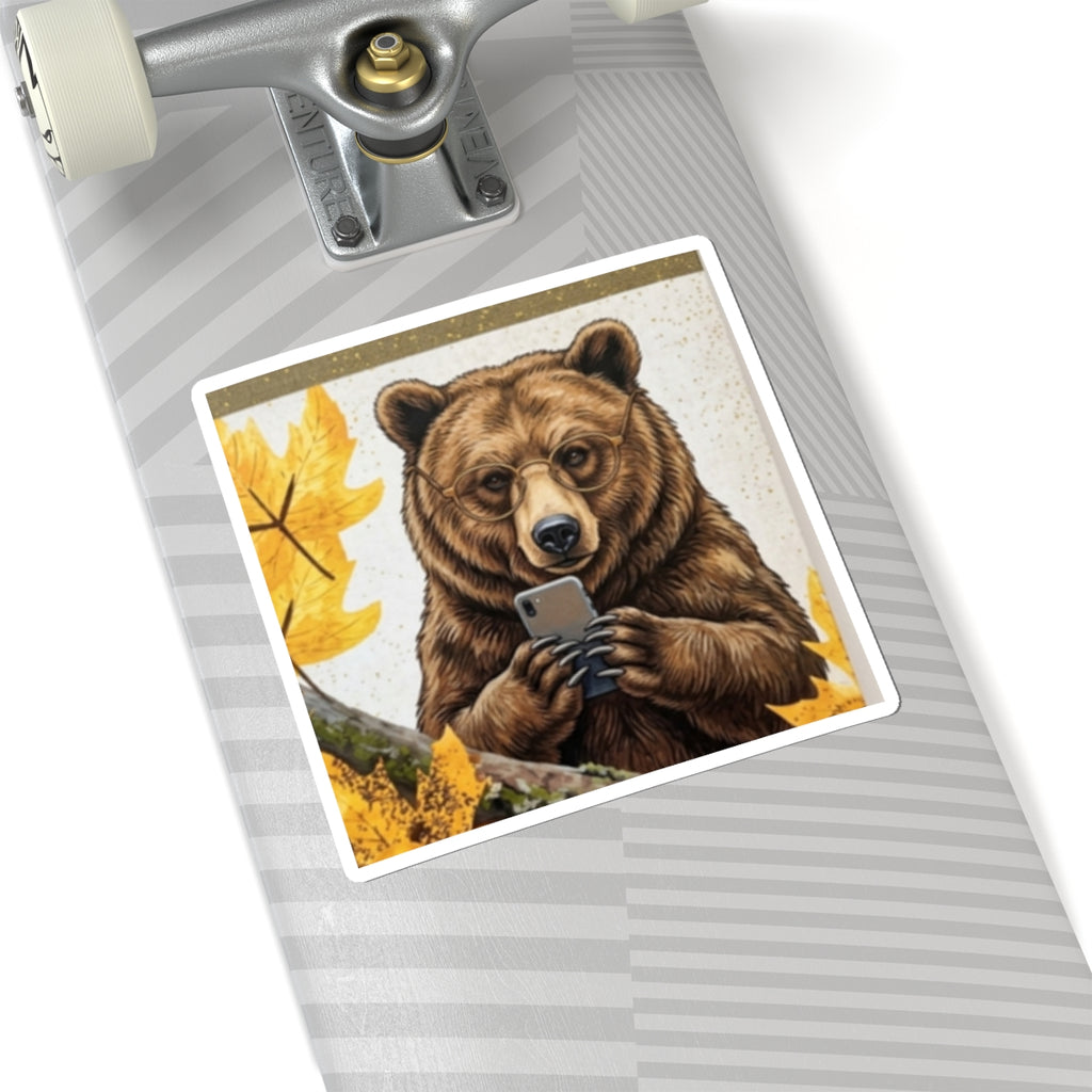 Bear Selfie Sticker — Cute Autumn Bear Using Phone Kiss-Cut Sticker