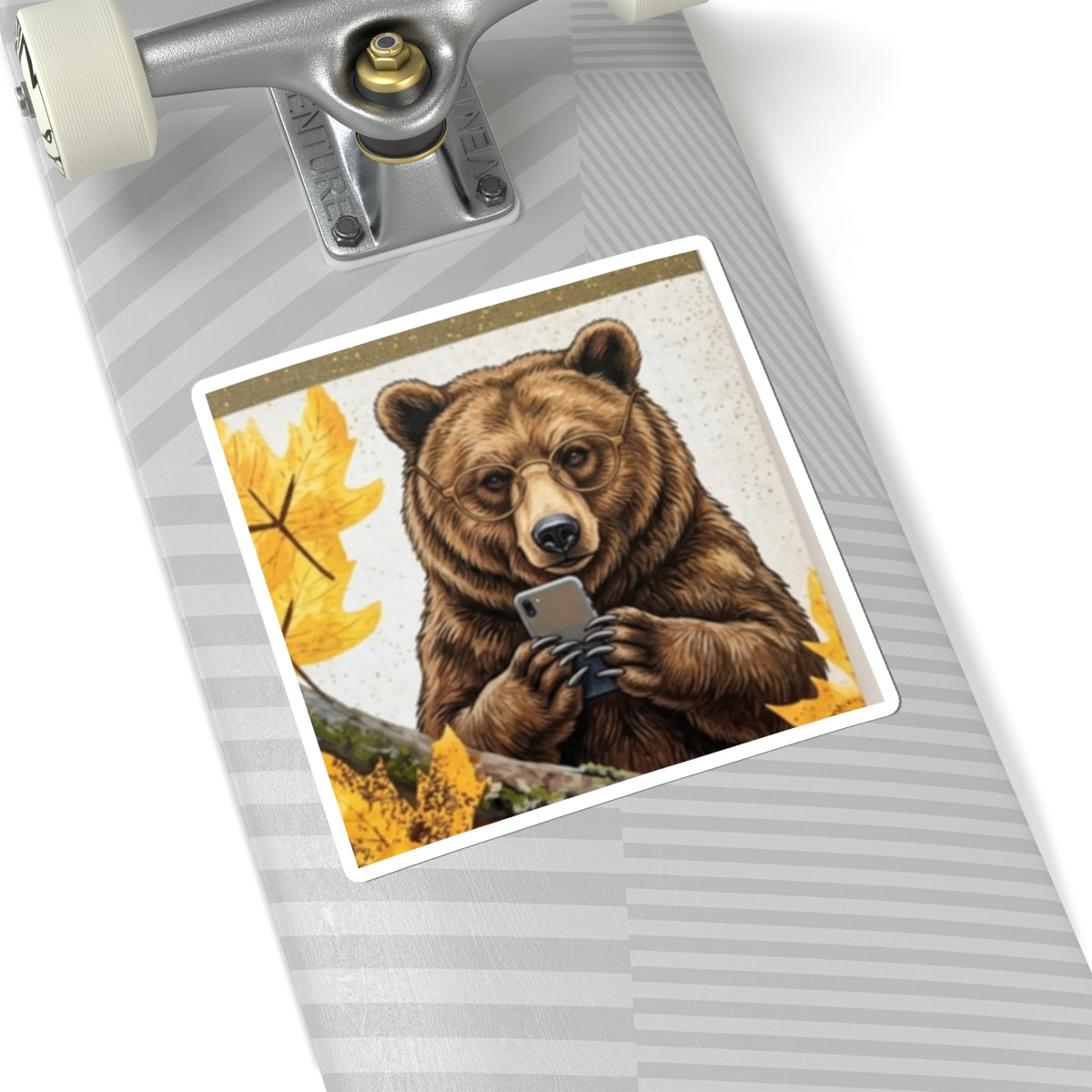 Bear Selfie Sticker — Cute Autumn Bear Using Phone Kiss-Cut Sticker