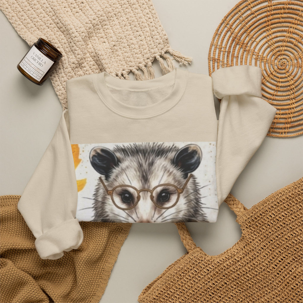 Possum Portrait Sweatshirt – Cute Opossum with Glasses & Phone Crewneck
