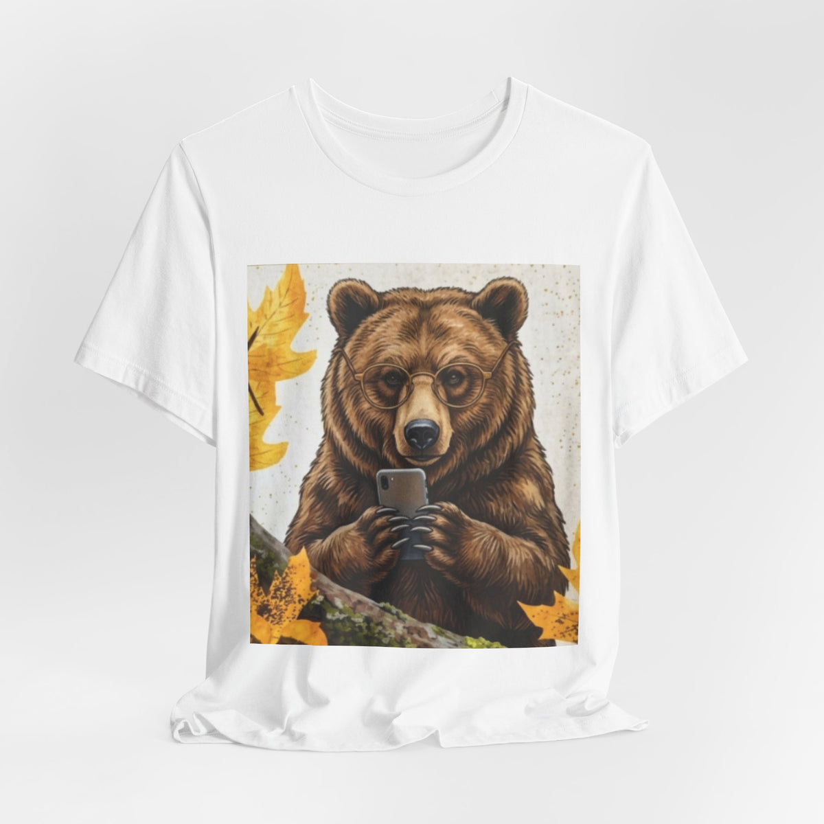 Bear Looking at Phone Graphic Tee — Funny Nature Animal T-Shirt