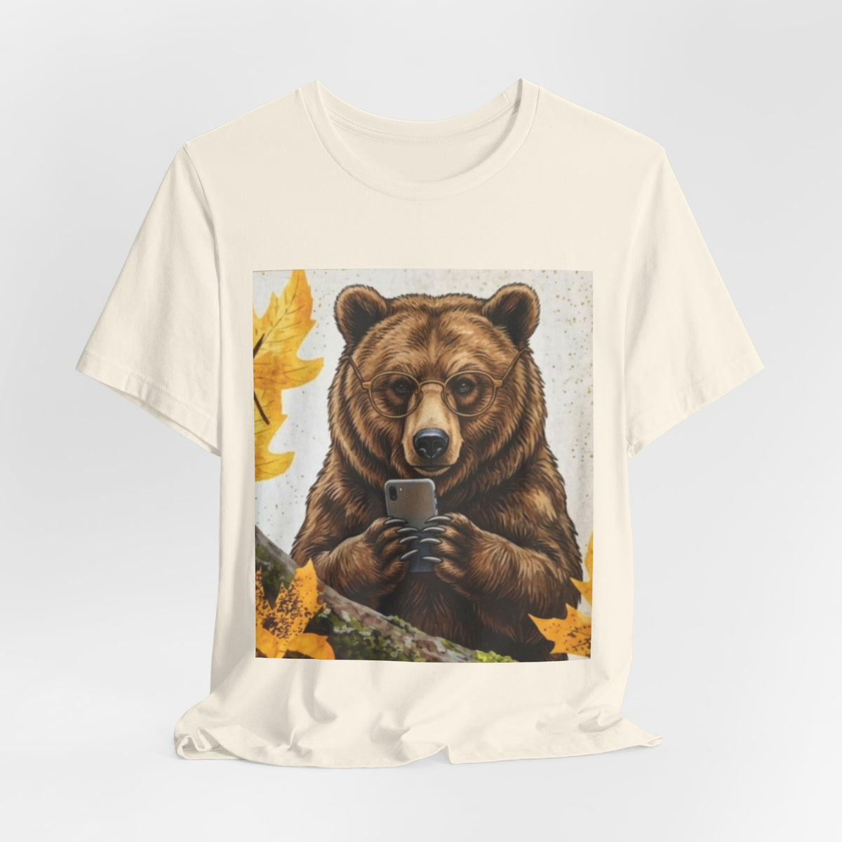 Bear Looking at Phone Graphic Tee — Funny Nature Animal T-Shirt
