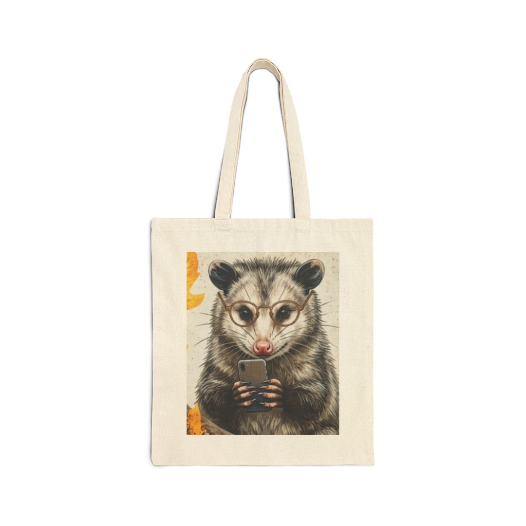 Opossum Coffee Tote Bag — Cute Possum with Glasses & Phone Cotton Canvas Tote