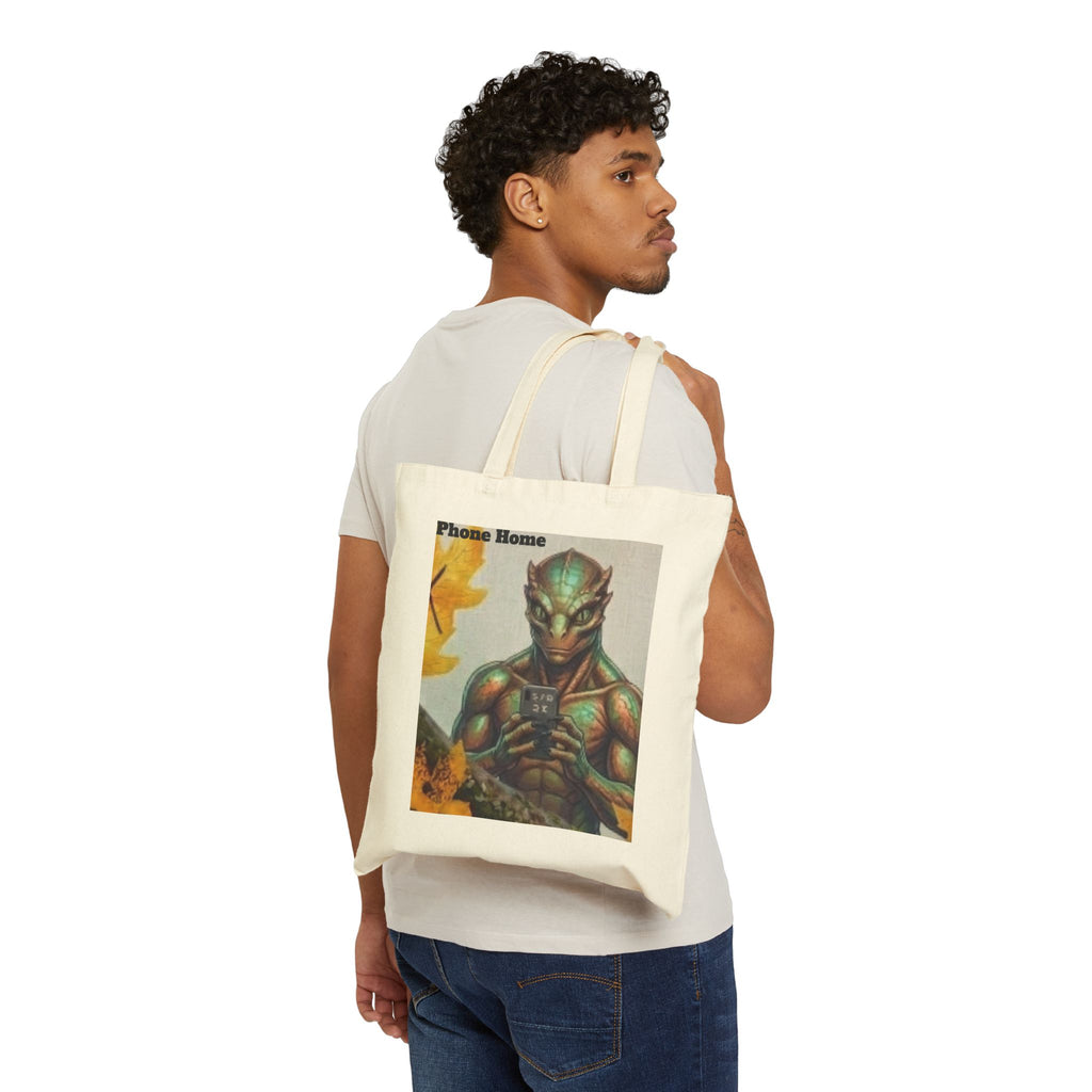 Alien Warrior Illustration Tote Bag — "Phone Home" Retro Sci‑Fi Canvas Tote