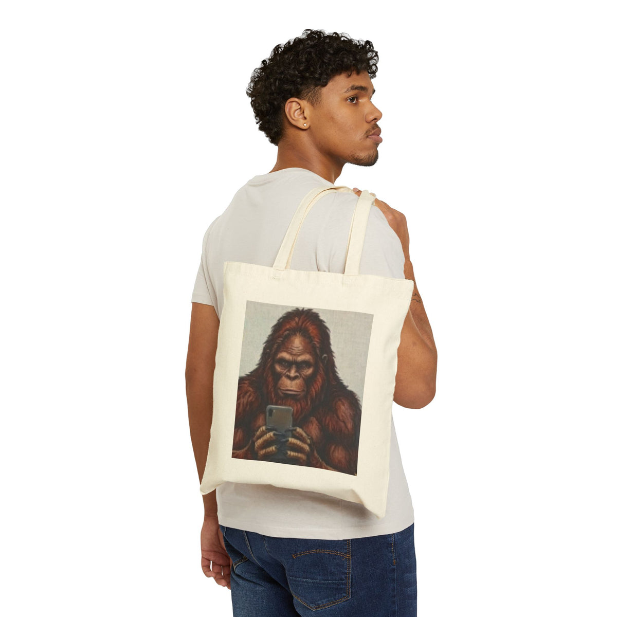 Tote Bag — Vintage Orangutan Holding Smartphone Graphic Cotton Canvas Tote