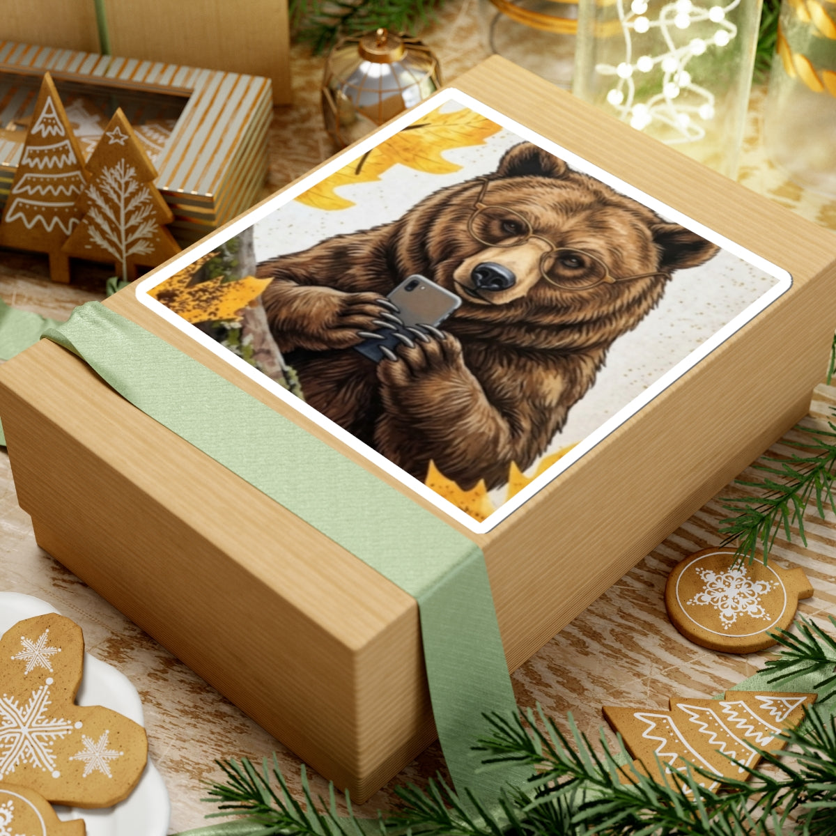 Bear Selfie Sticker — Cute Autumn Bear with Glasses Phone Sticker (Kiss-Cut)