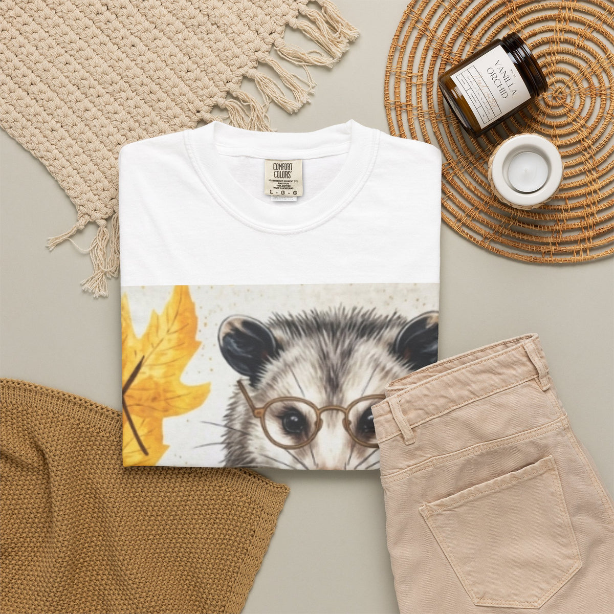 Autumn Opossum Tee — Cute Possum Holding Phone Graphic T-Shirt