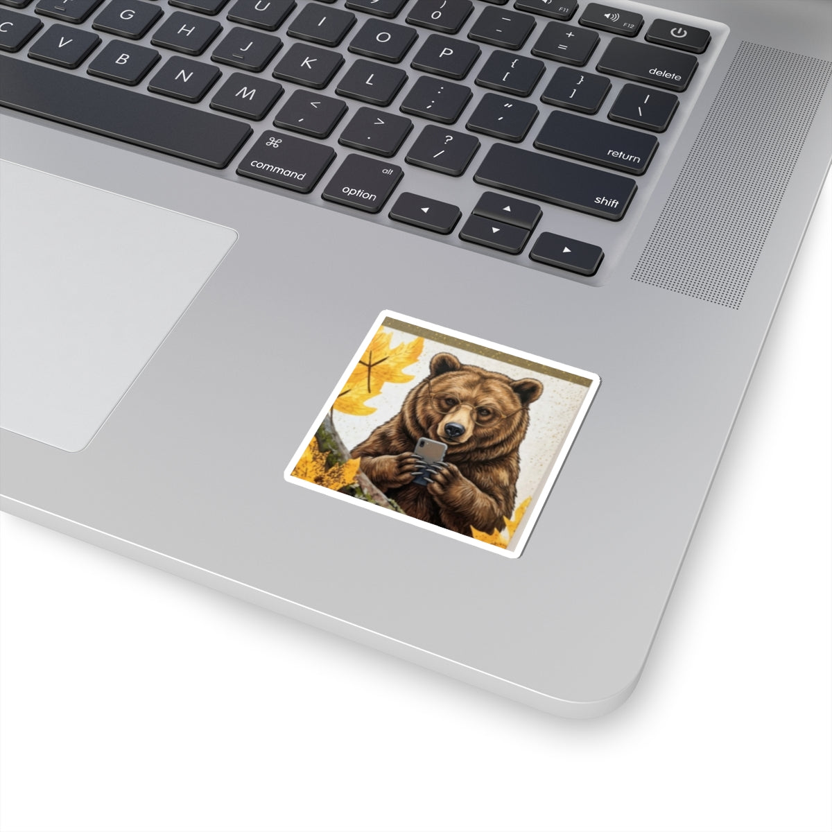 Bear Selfie Sticker — Cute Autumn Bear Using Phone Kiss-Cut Sticker