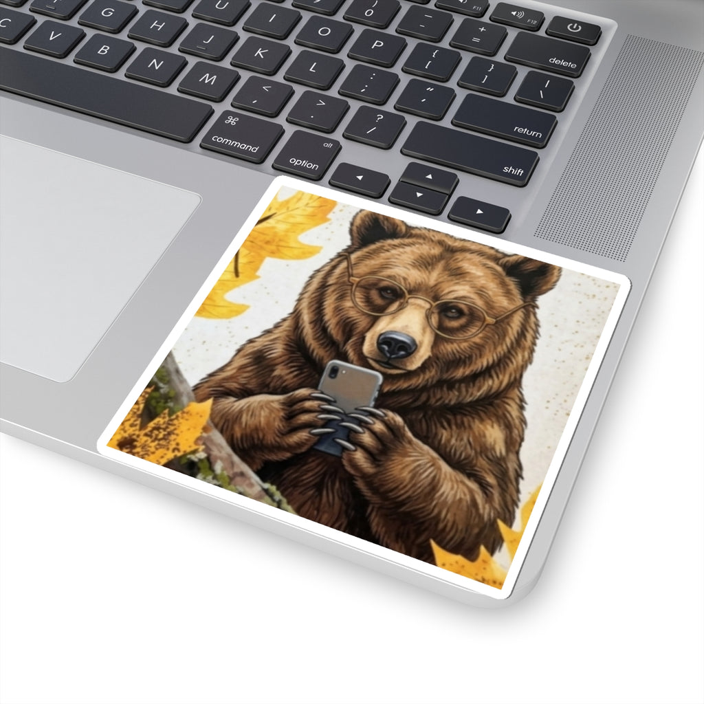 Bear Selfie Sticker — Cute Autumn Bear with Glasses Phone Sticker (Kiss-Cut)