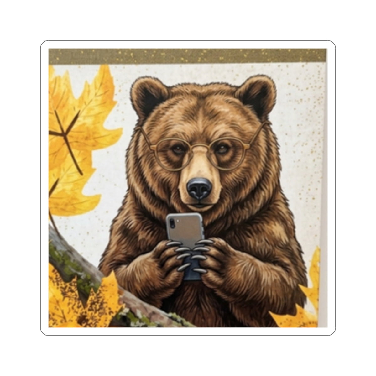 Bear Selfie Sticker — Cute Autumn Bear Using Phone Kiss-Cut Sticker