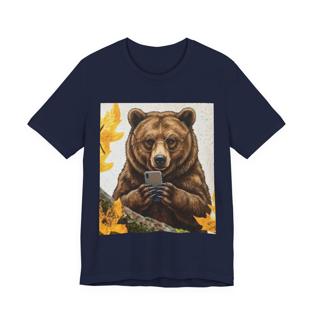 Bear Looking at Phone Graphic Tee — Funny Nature Animal T-Shirt