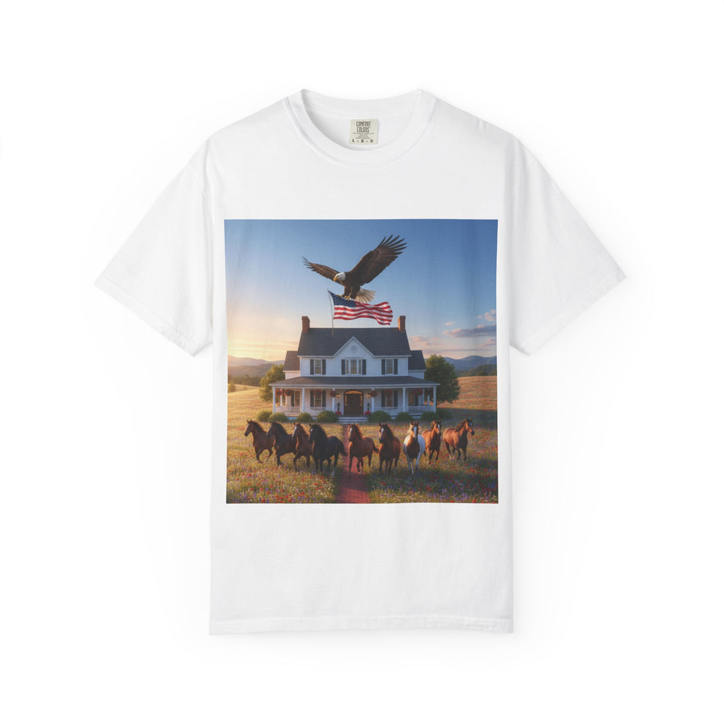 American Eagle & Horses Farmhouse T-Shirt — Patriotic Country Scenic Tee