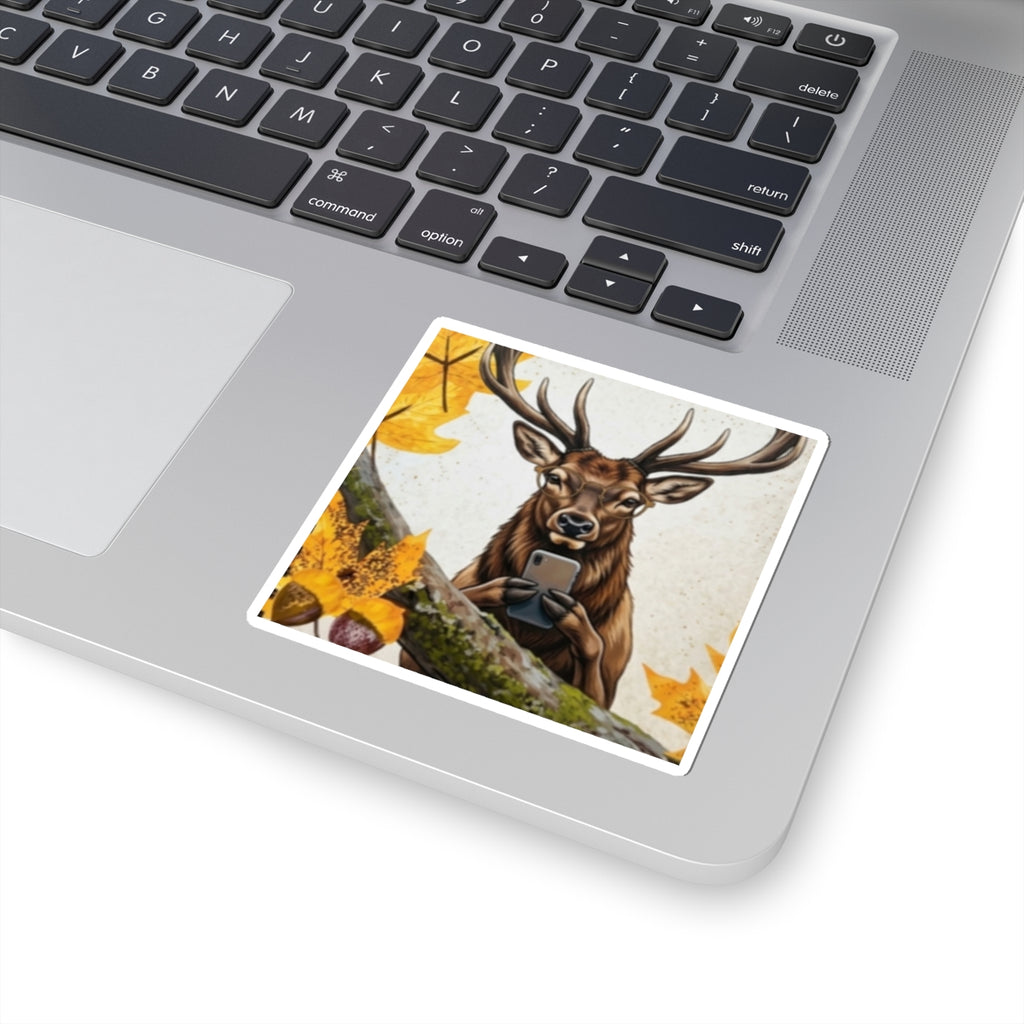 Deer Selfie Kiss-Cut Sticker — Fall Woodland Wildlife Laptop Decal