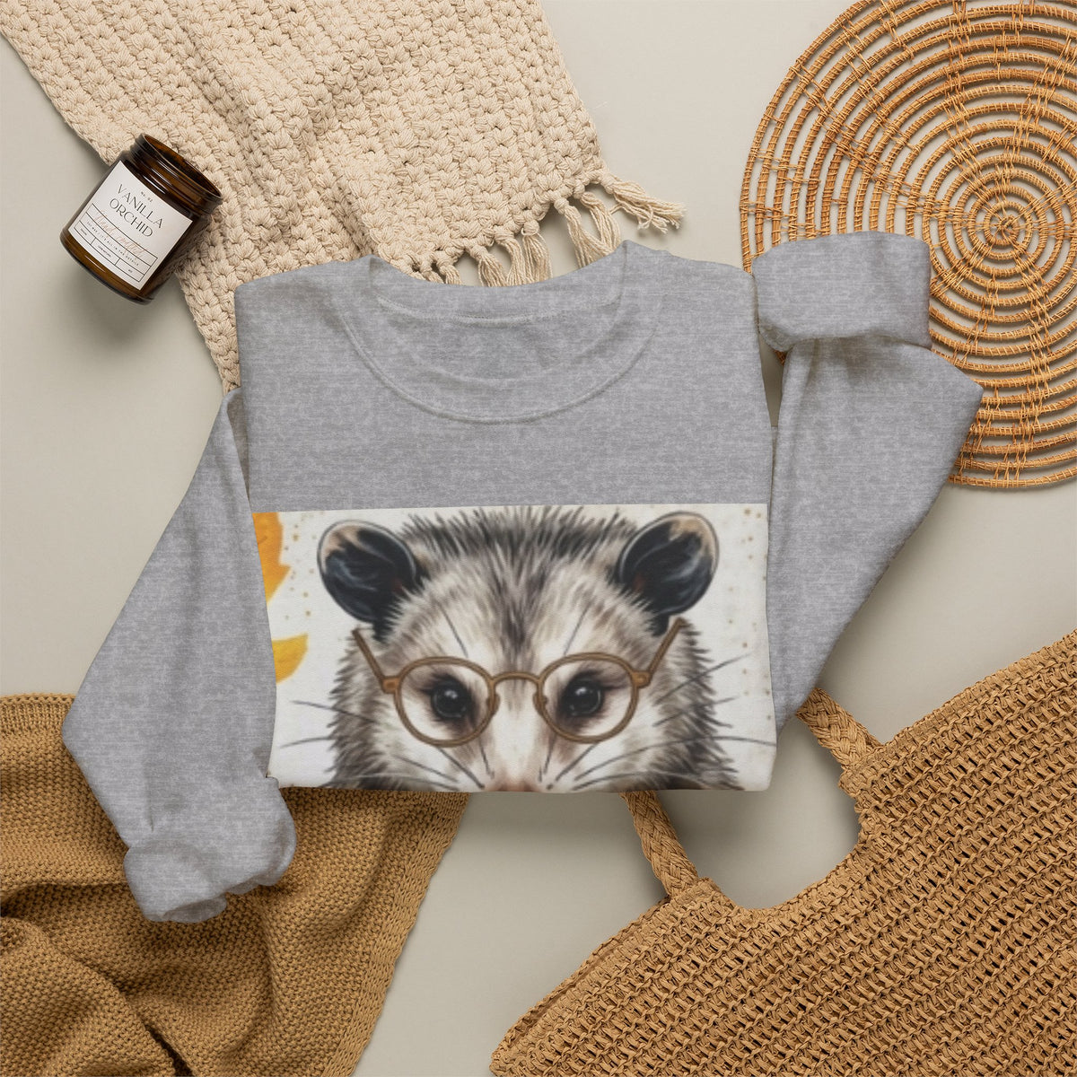 Possum Portrait Sweatshirt – Cute Opossum with Glasses & Phone Crewneck