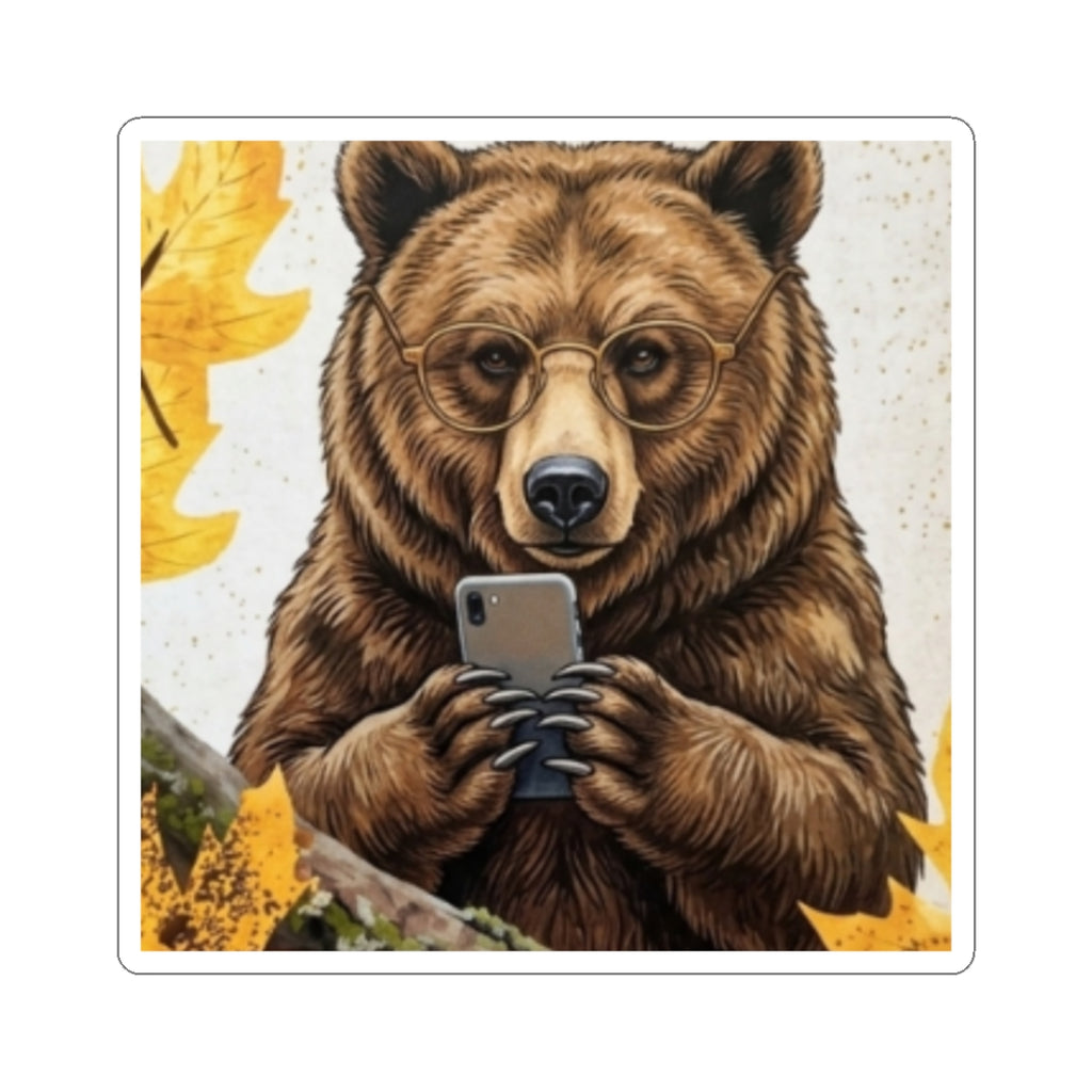 Bear Selfie Sticker — Cute Autumn Bear with Glasses Phone Sticker (Kiss-Cut)