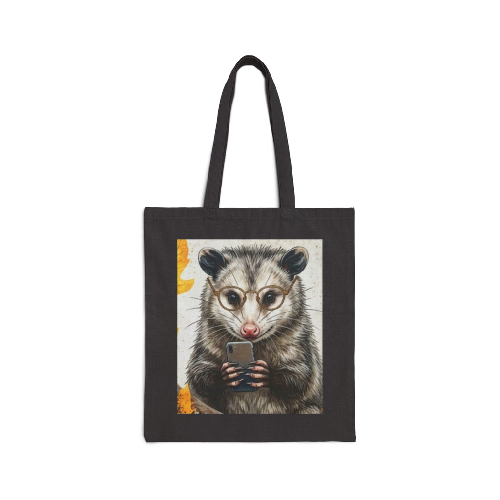 Opossum Coffee Tote Bag — Cute Possum with Glasses & Phone Cotton Canvas Tote