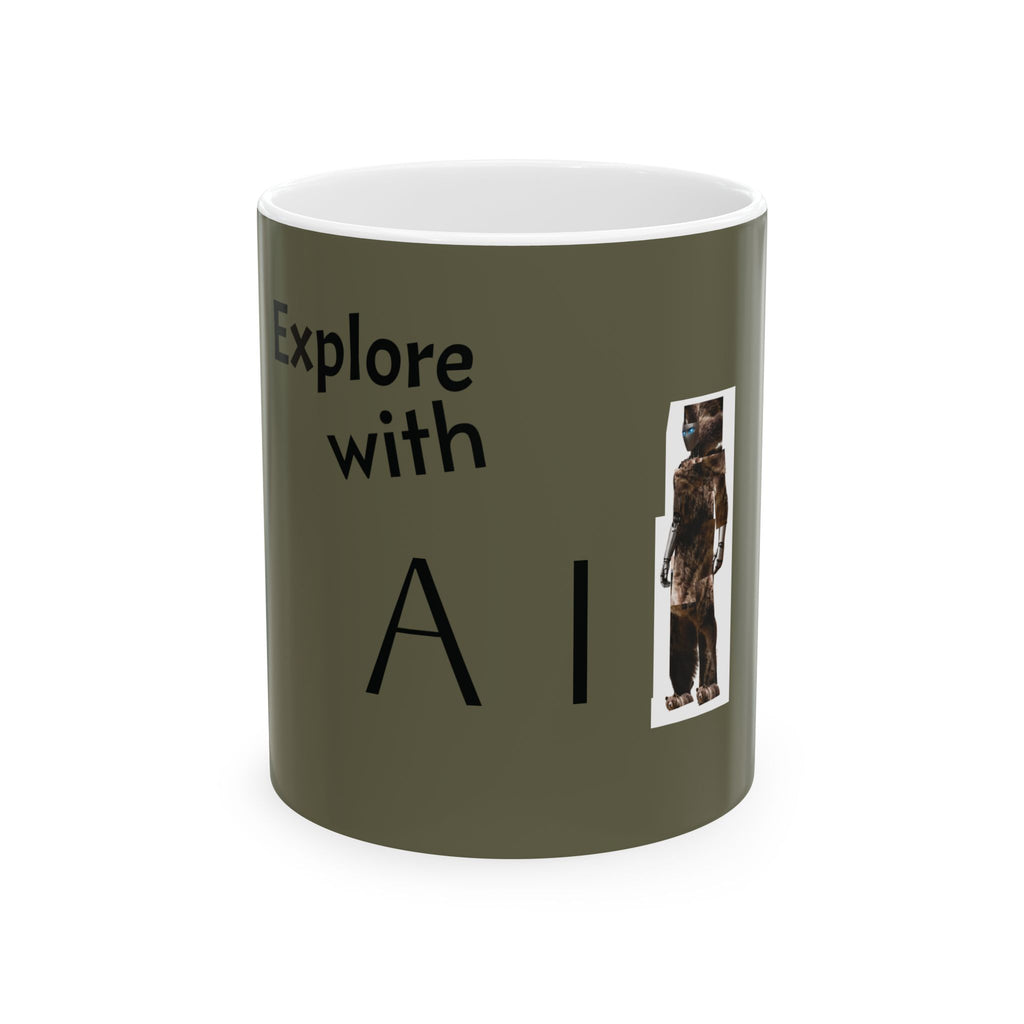 Explore with AI Ceramic Mug – Adventure Robot Coffee Cup (11oz & 15oz)